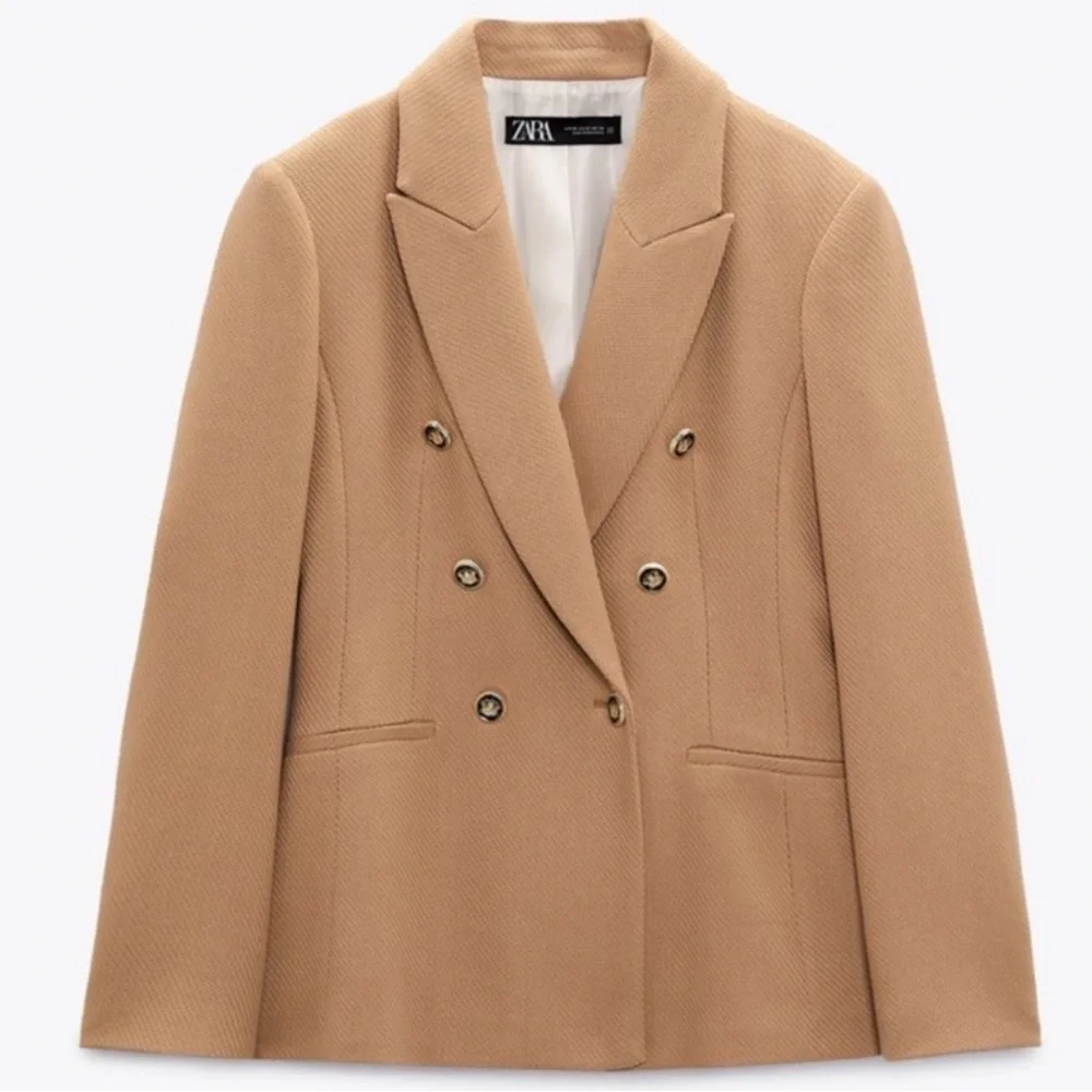 NEW WOMAN DOUBLE-BREASTED PIQUÉ BLAZER TAILORED JACKET CAMEL  XS